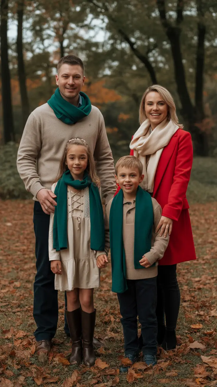 fall family photo outfits Red and Evergreen Elegance