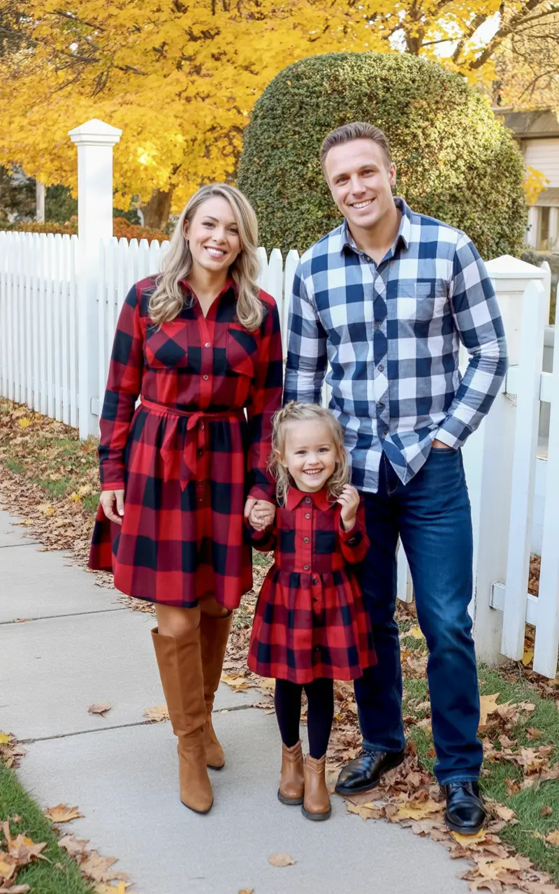fall family photo outfits Red and Navy Check for the Win