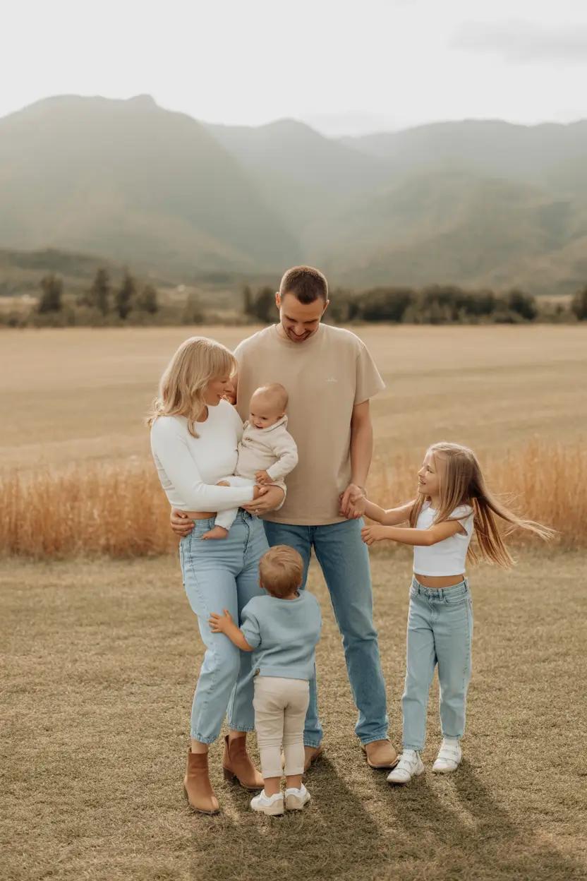 fall family photo outfits Soft Sky Tones in a Golden Field