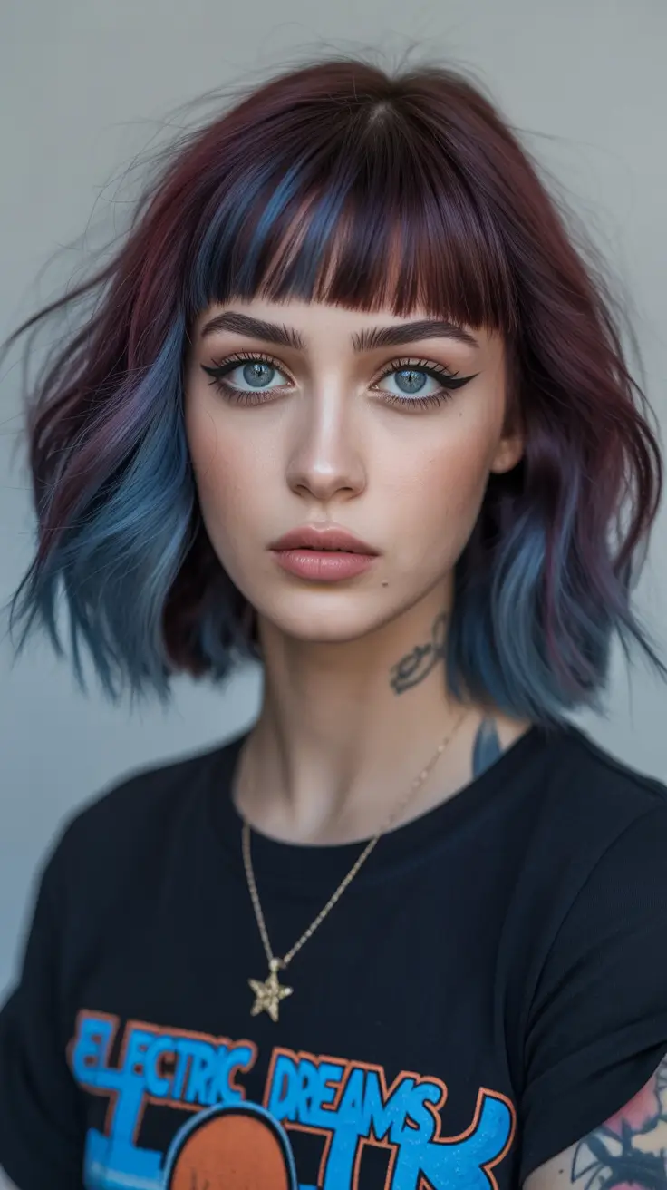August haircut Electric Bob with Purple-Blue Peekaboo Color