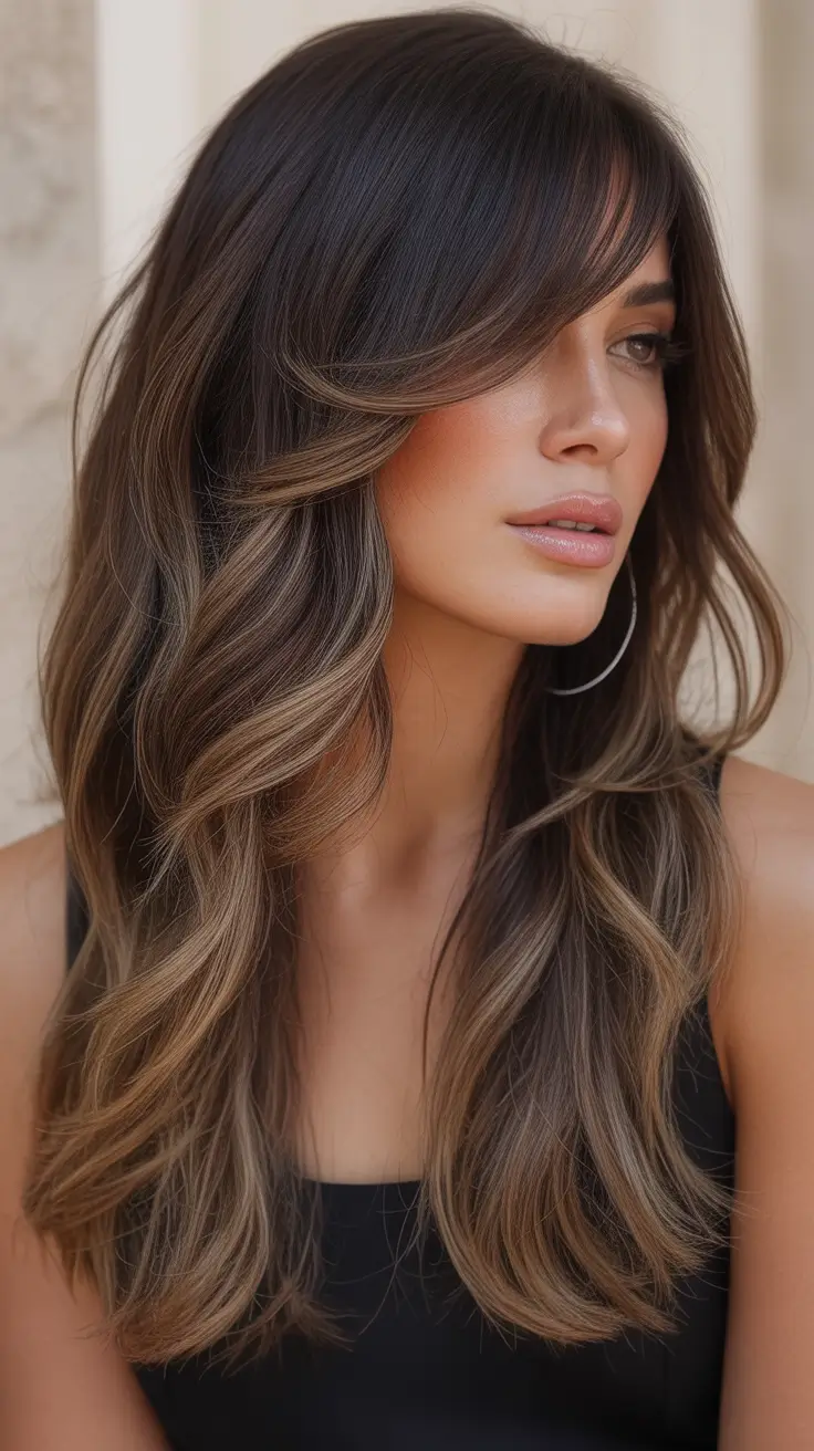 August haircut Long Brunette Waves with Side-Swept Fringe