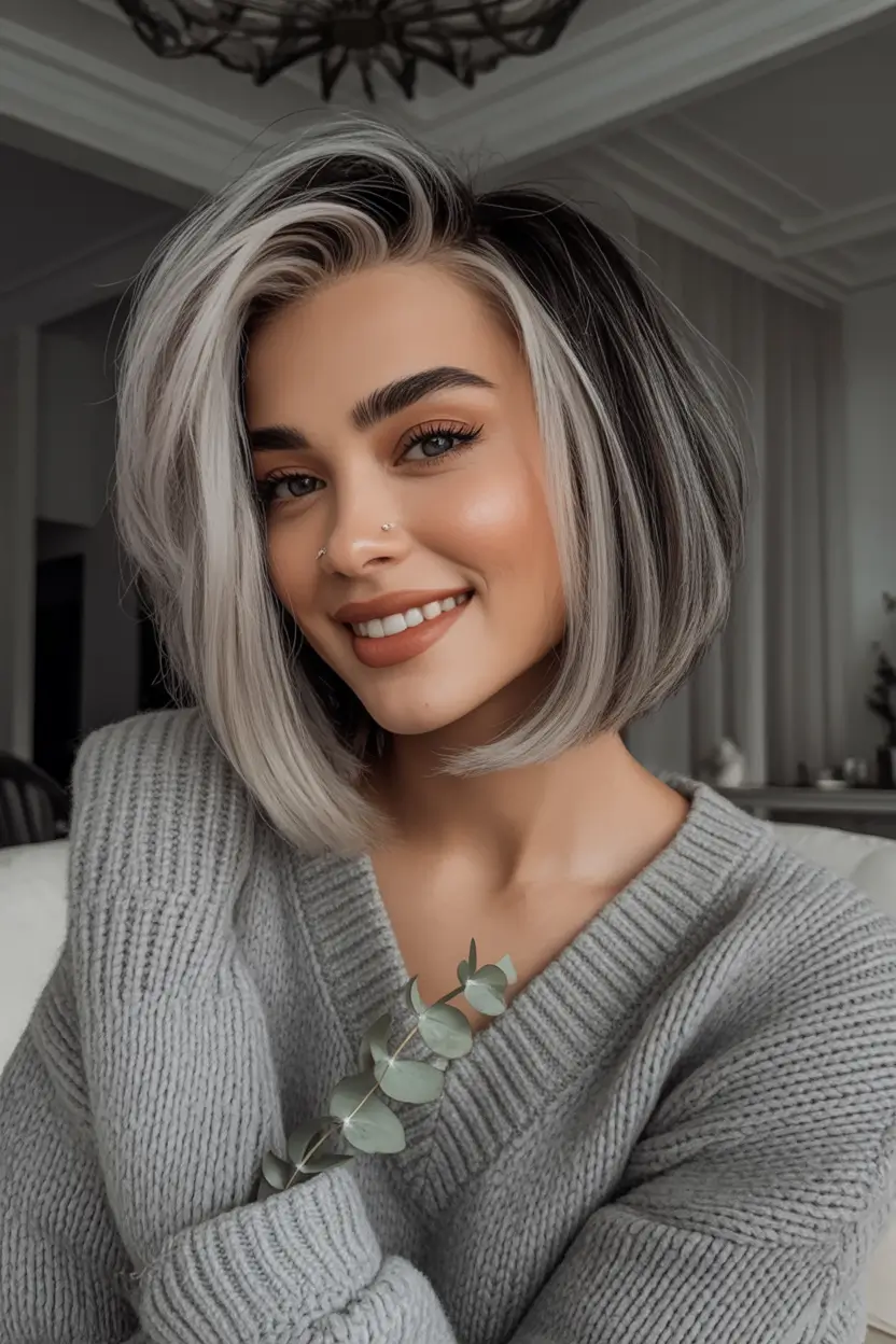 August haircut Silver Ash Bob with Soft Curve Ends