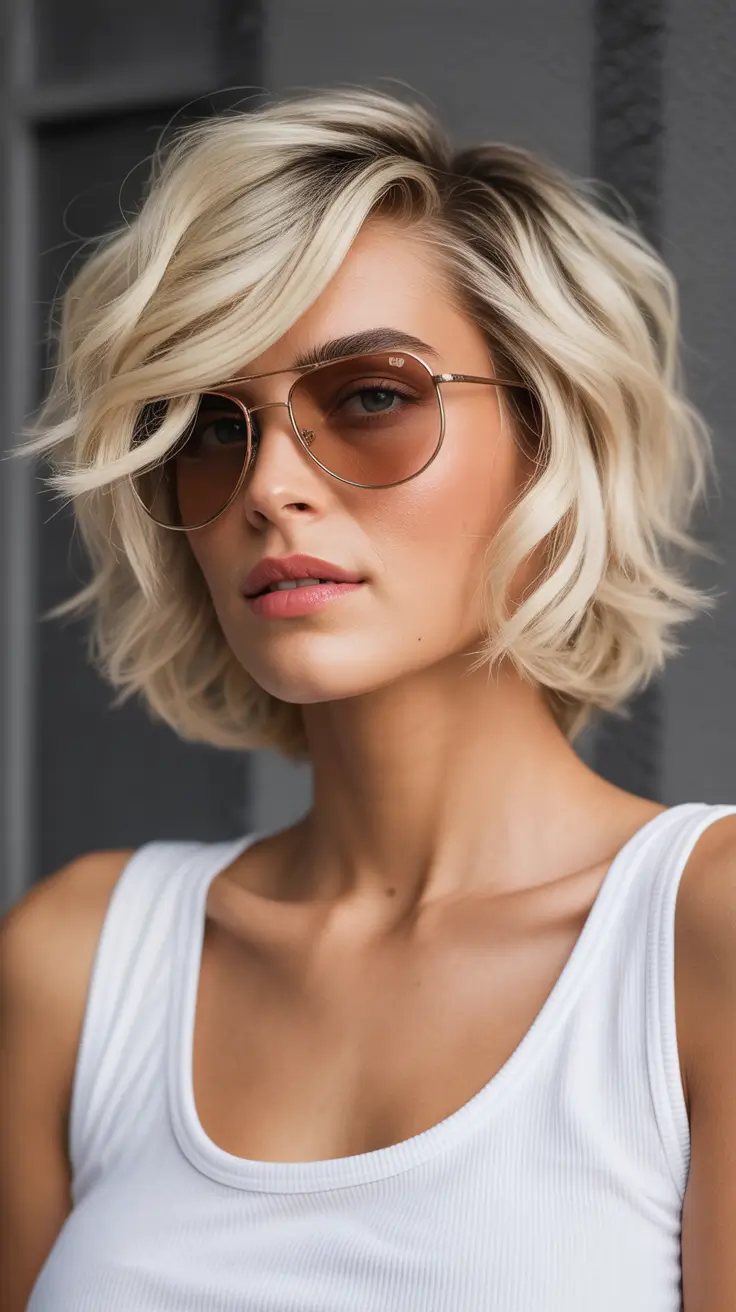 August haircut Curled Blonde Bob with Summer Texture