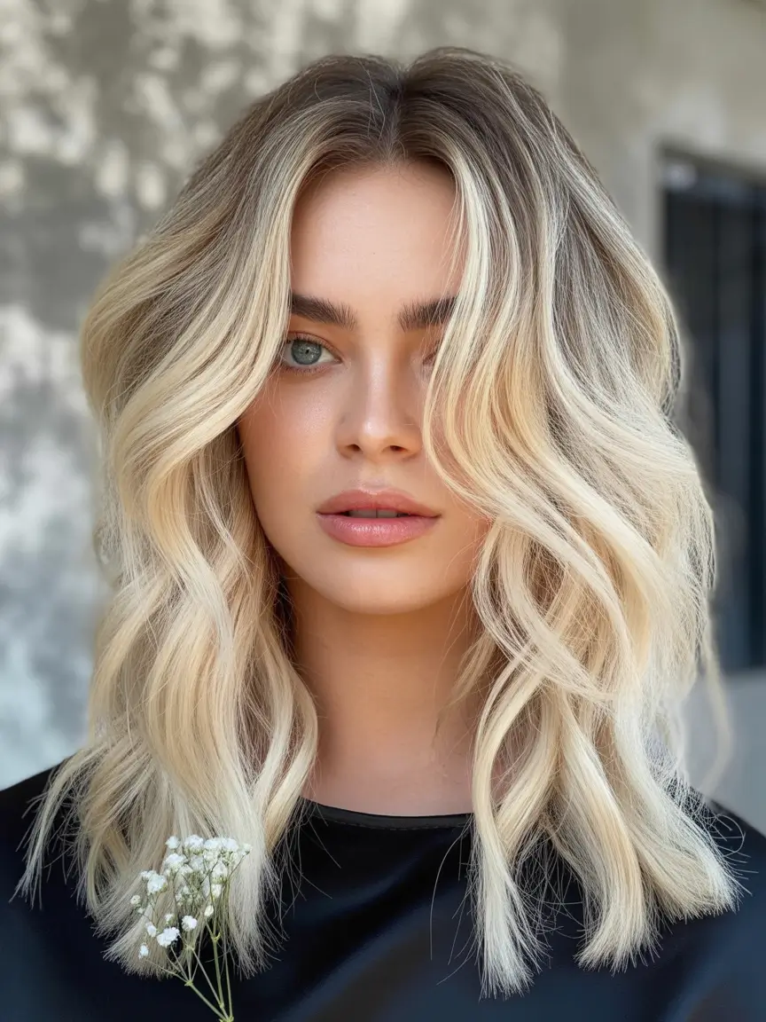 August haircut Platinum Beach Waves with Root Melt