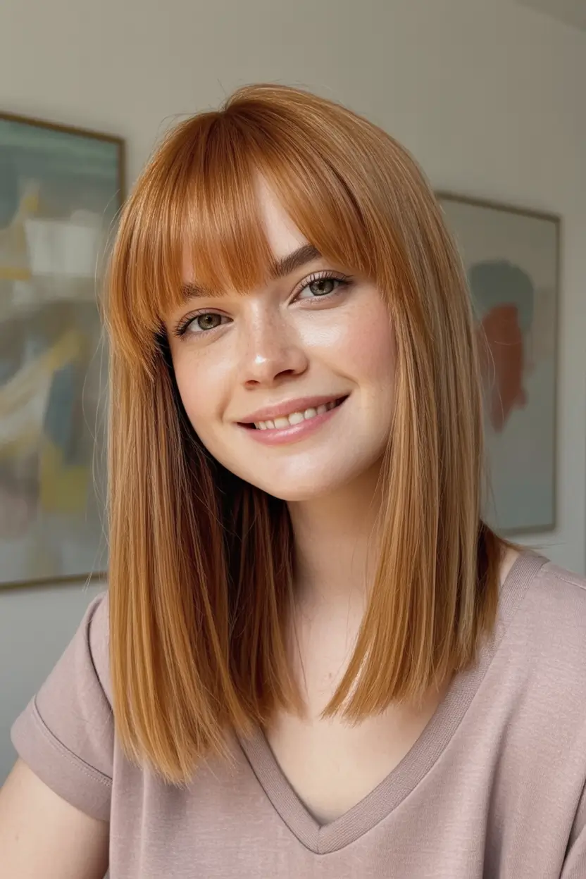 August haircut Straight Strawberry Lob with Full Fringe