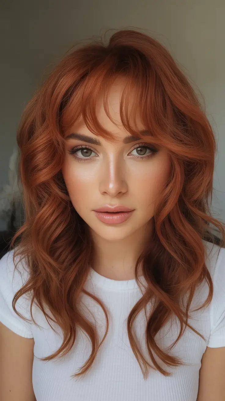 August haircut Romantic Copper Curls with Bottleneck Bangs