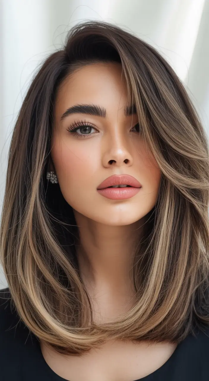 August haircut Sleek Lob with Side Part and Dimensional Highlights