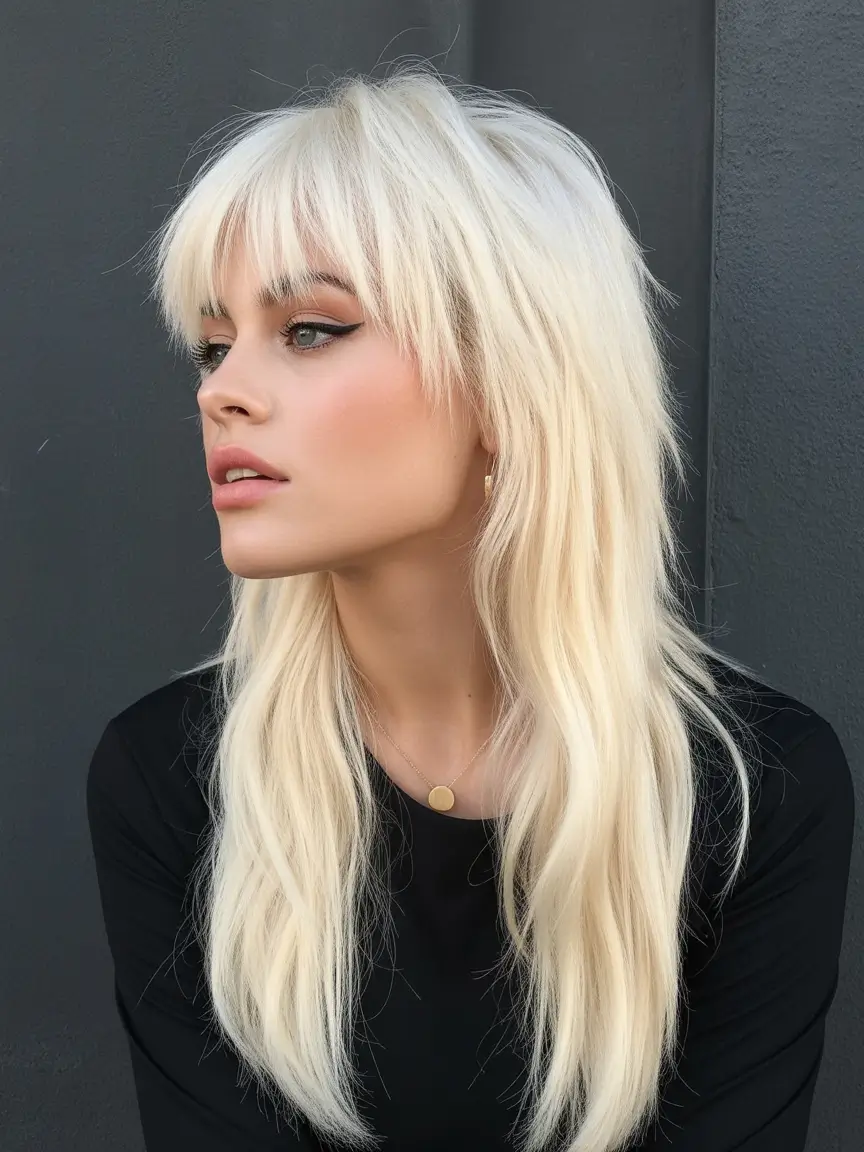 August haircut Layered Ice Blonde with Full Bangs