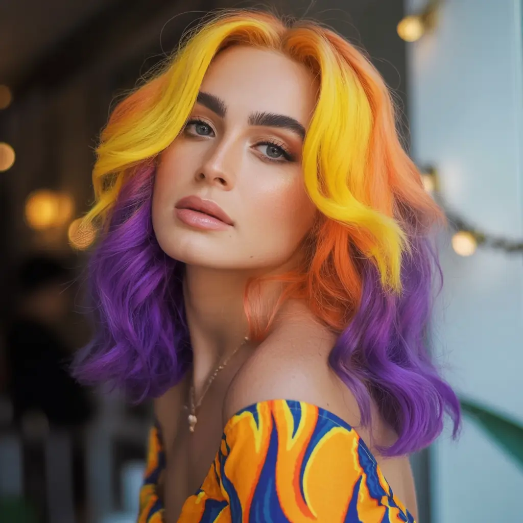 Fall hair color Sunset Melt with Violet Ends