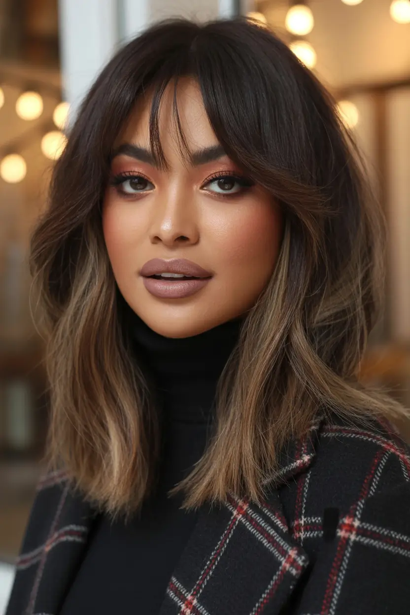Fall hair color Textured Brown Lob with Subtle Face Frame