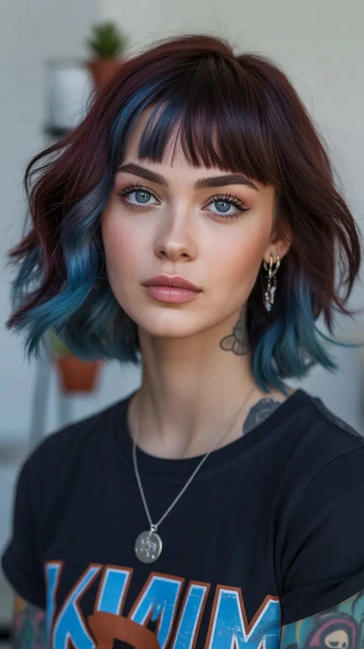 Fall hair color Ink Blue Bob with Burgundy Base