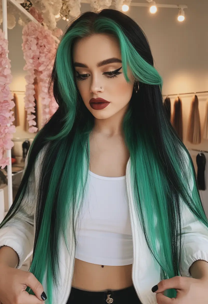 Fall hair color Emerald Panel Color on Jet Black