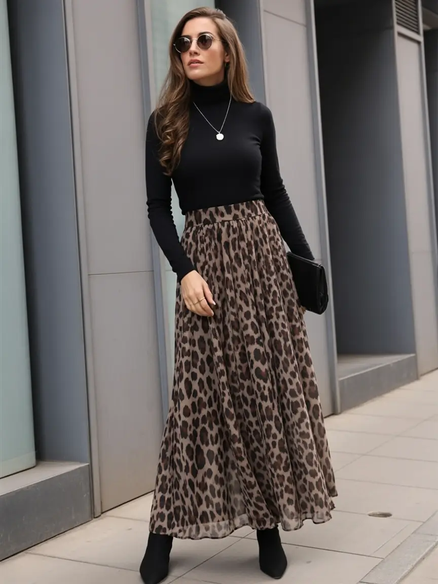 fall-skirt-outfits-Subtle-Wildness:-Leopard-Chiffon-with-a-Sleek-Edge