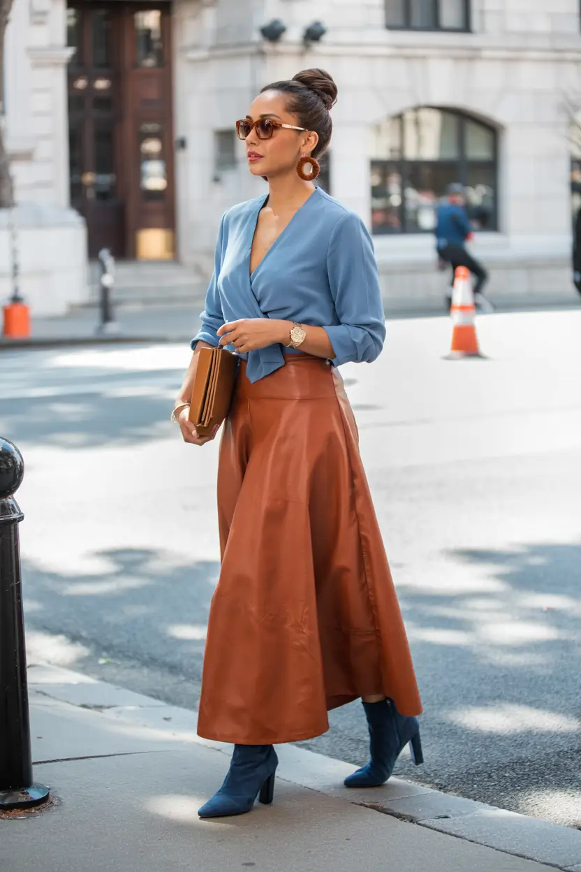 fall-skirt-outfits-Modern-Rust-with-a-Pop-of-Blue