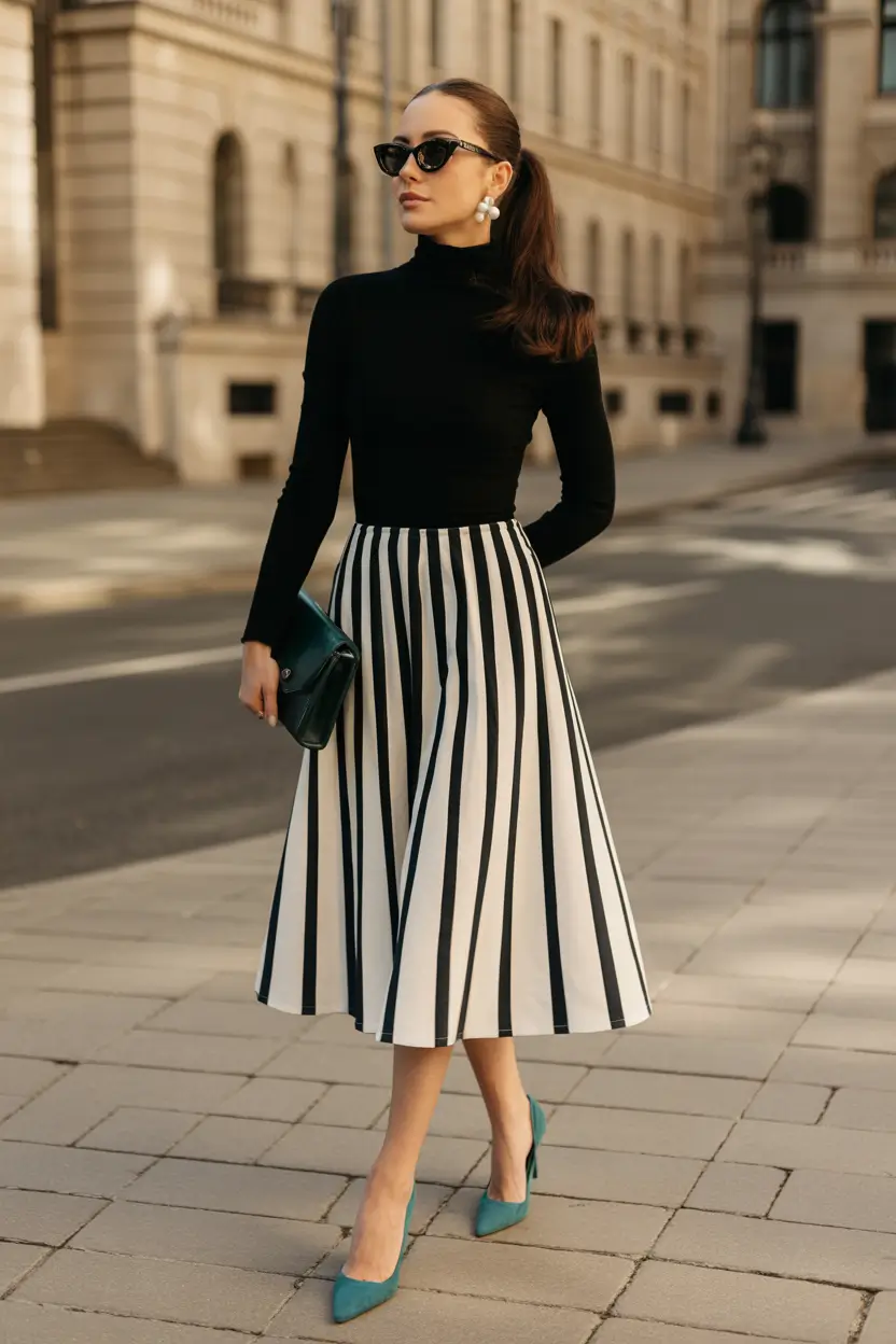 fall-skirt-outfits-Monochrome-Drama-in-Graphic-Stripes