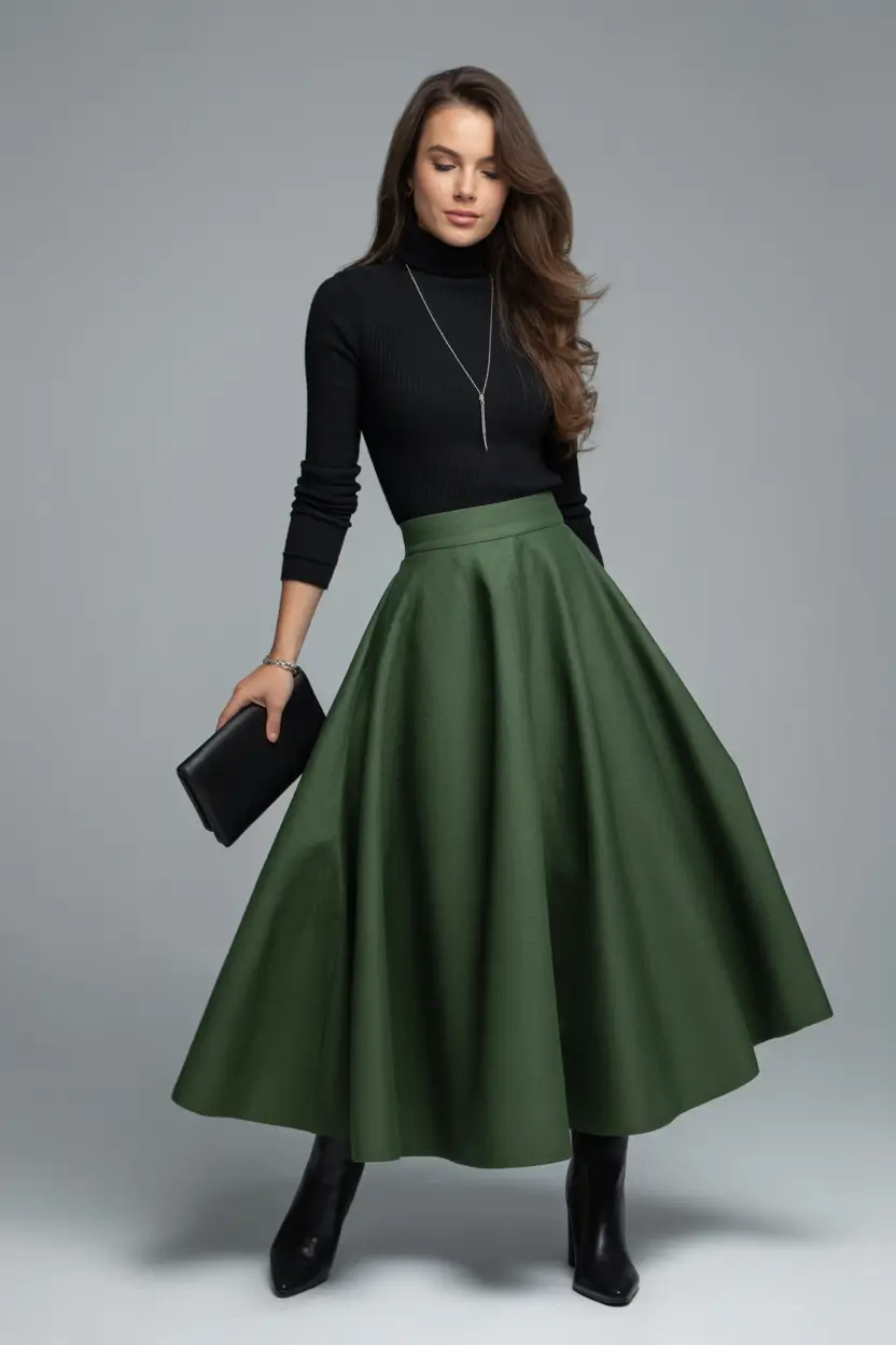 fall-skirt-outfits-Feminine-and-Fluid:-Olive-Tones-and-Silhouette-Play