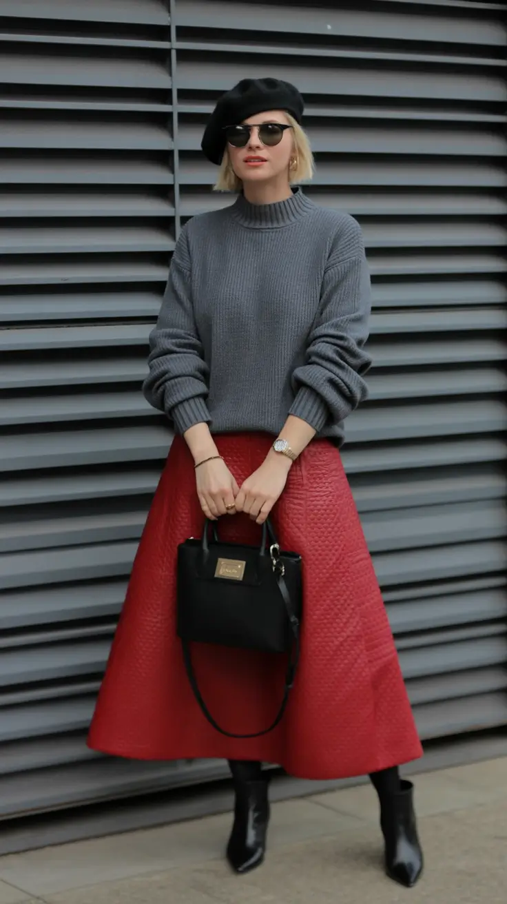 fall-skirt-outfits-Parisian-Vibes-in-Red-and-Charcoal