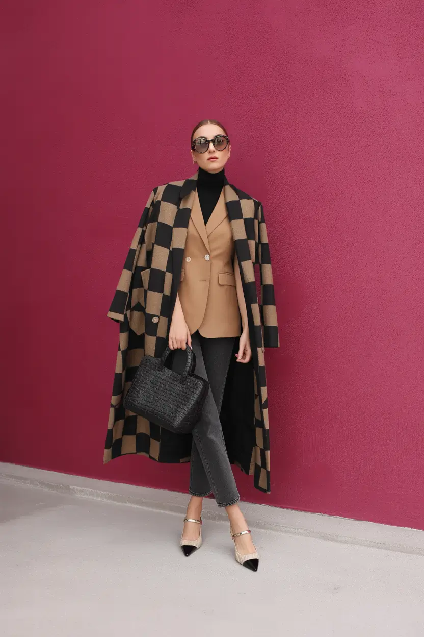layering for fall outfits Monochrome With a Twist of Chessboard Drama