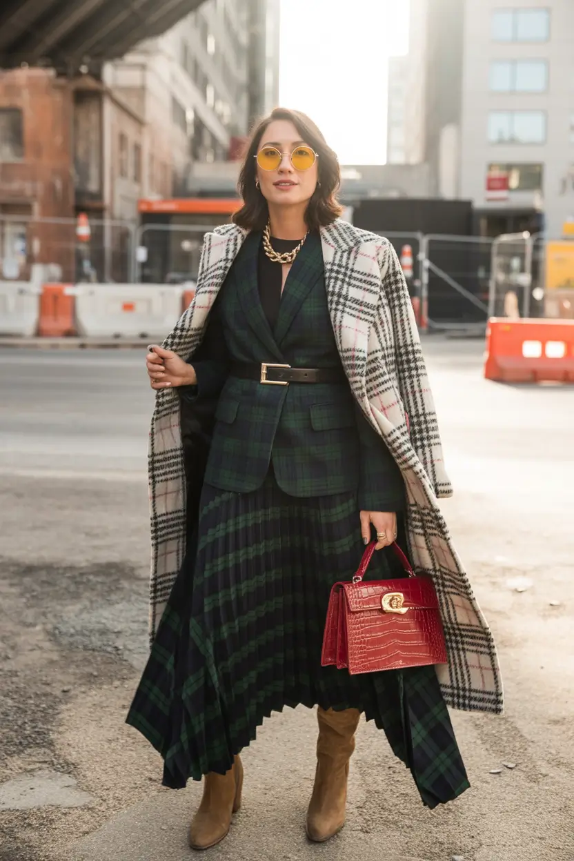 layering for fall outfits Plaid-on-Plaid Power Layers