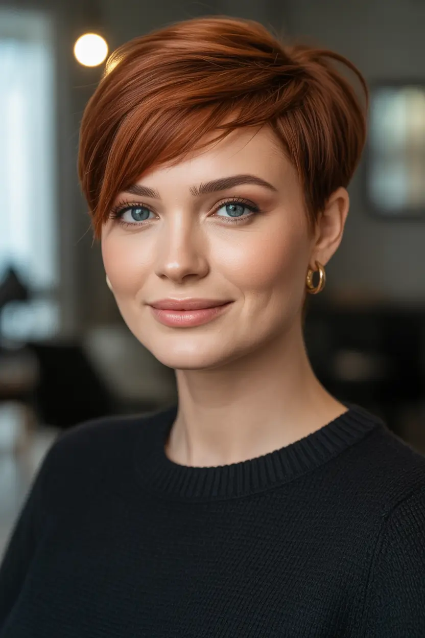 Fall pixie haircut Sleek Side-Tucked Copper Crop