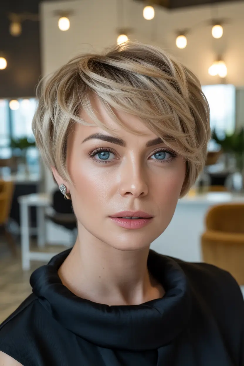 Fall pixie haircut Soft Focus Blonde Layers