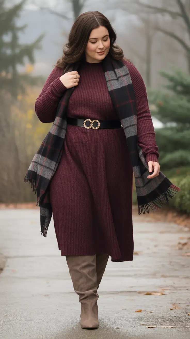 plus size fall fashion Burgundy Sweater Dress with a Statement Scarf