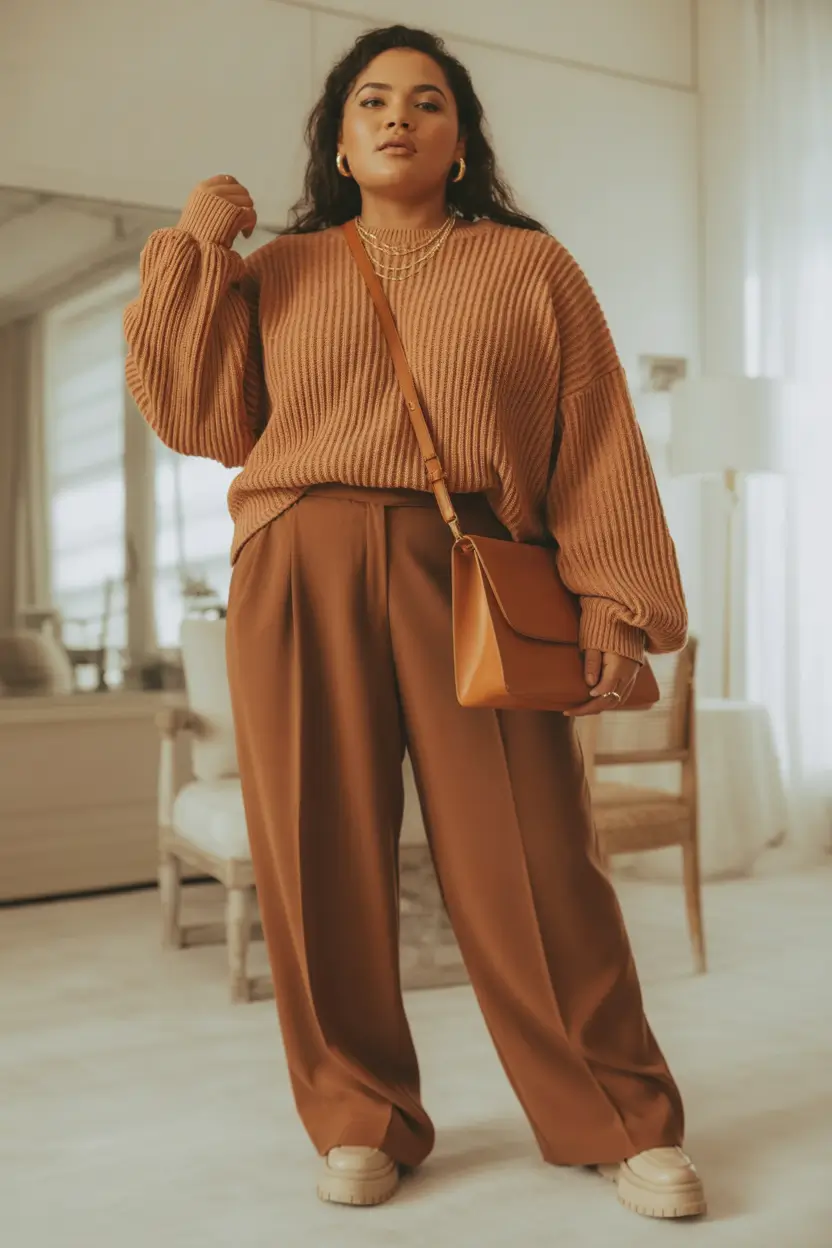 plus size fall fashion Cognac Monotone with a Cozy Edge