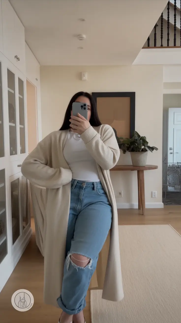 plus size fall fashion Street Casual in Creams and Denim