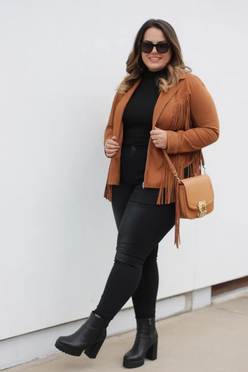 plus size fall fashion Earthy Fringe with a Downtown Kick