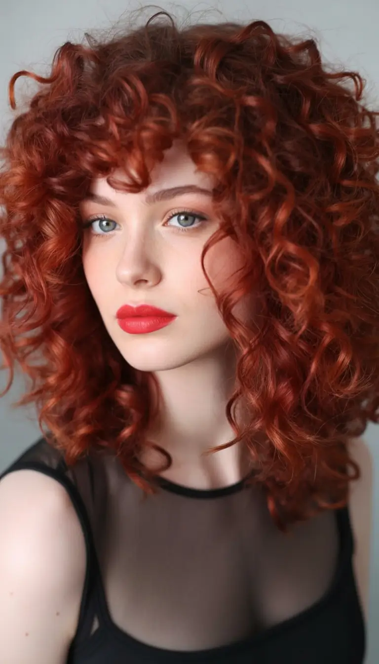 Fall red hair color Wild Copper Curls with Micro Bangs
