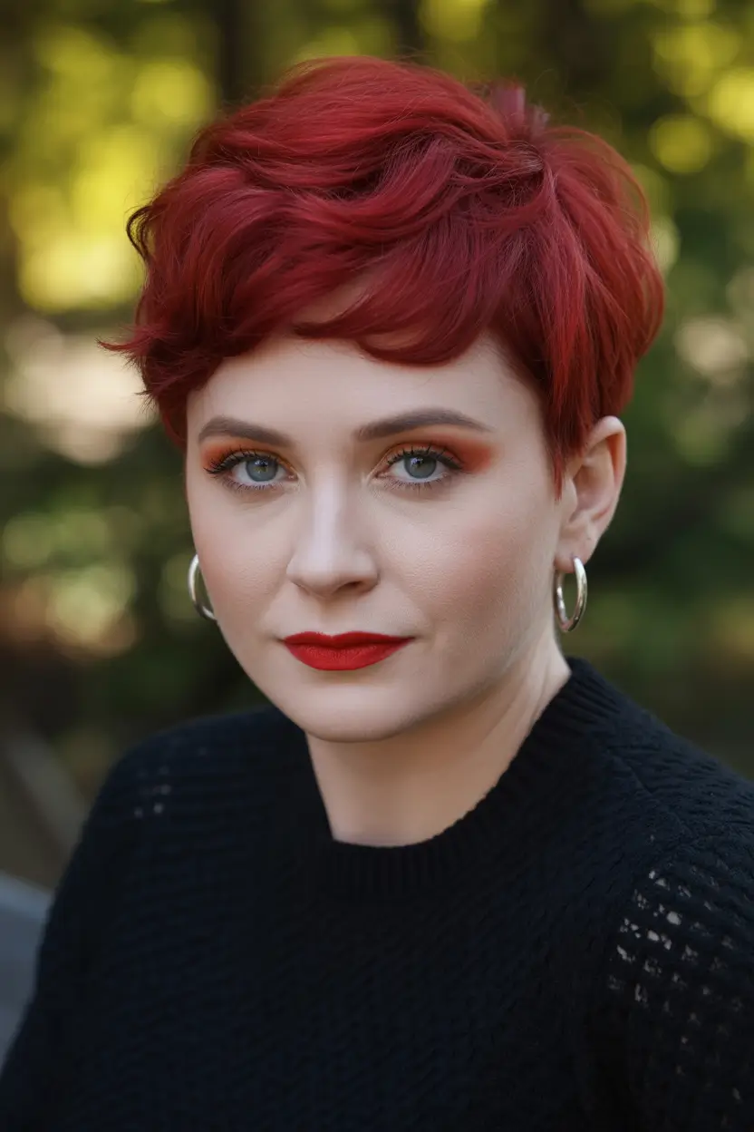 Fall red hair color Crimson Swirl Pixie with Volume