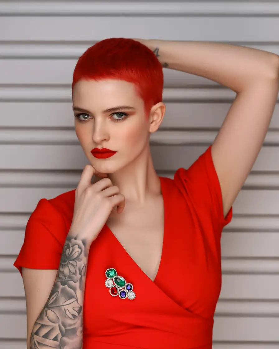 Fall red hair color Crimson Buzz with Ice-Glam Vibes