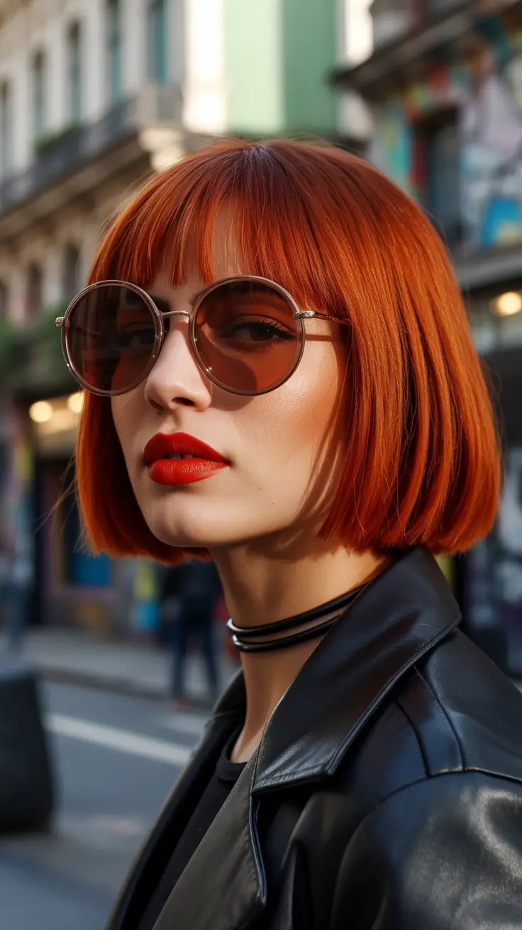 Fall red hair color Blunt Copper Bob with Parisian Bangs