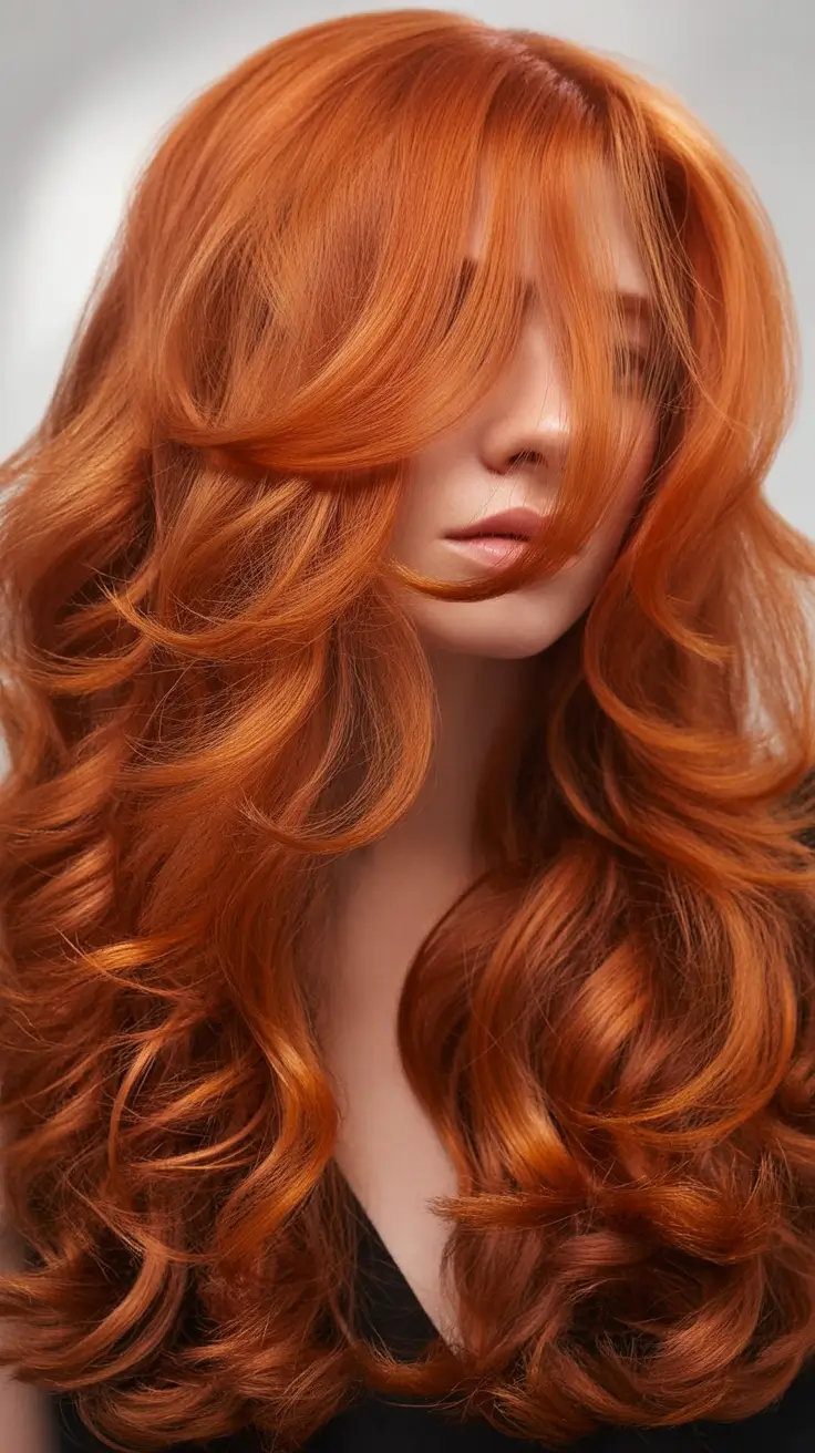 Fall red hair color Layered Amber Curls with Volume Bangs