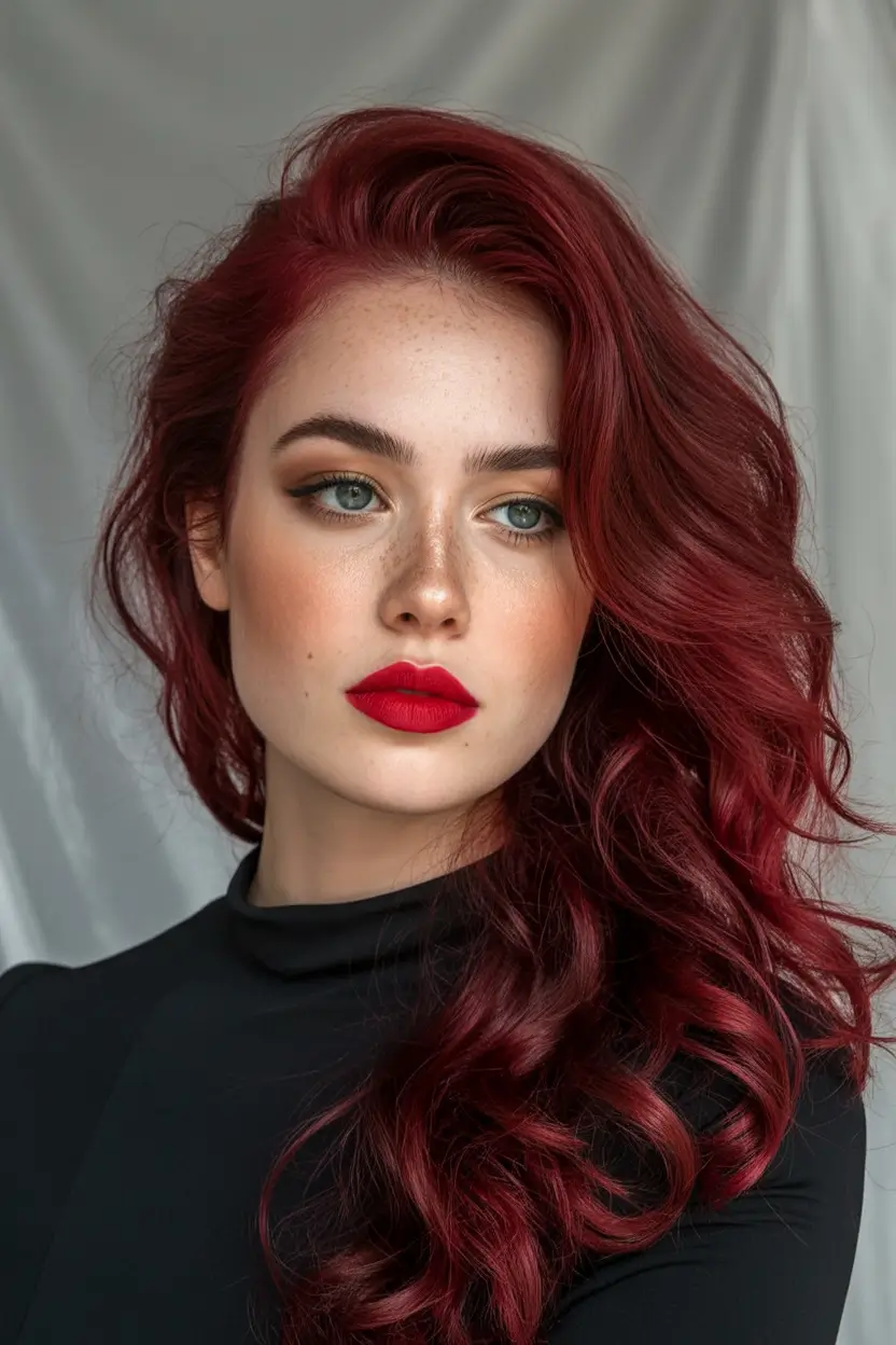 Fall red hair color Glossed Burgundy Side-Part with Texture