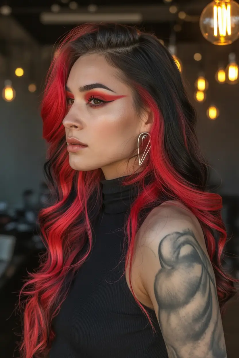 Fall red hair color Rogue Red Streaks on Jet Black