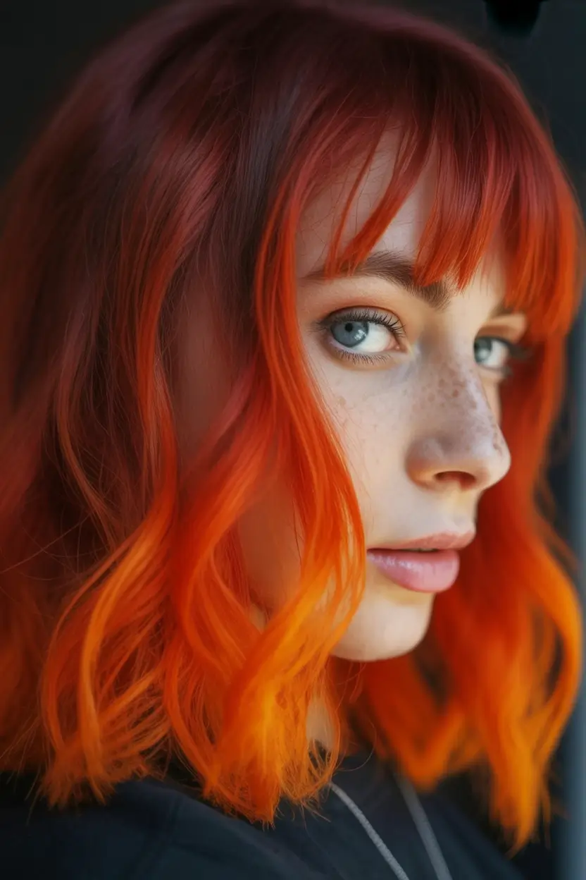 Fall red hair color Bright Tangerine Dip with Baby Bangs