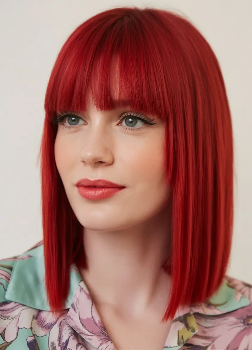 Fall red hair color Cherry-Glass Lob with Blunt Bangs