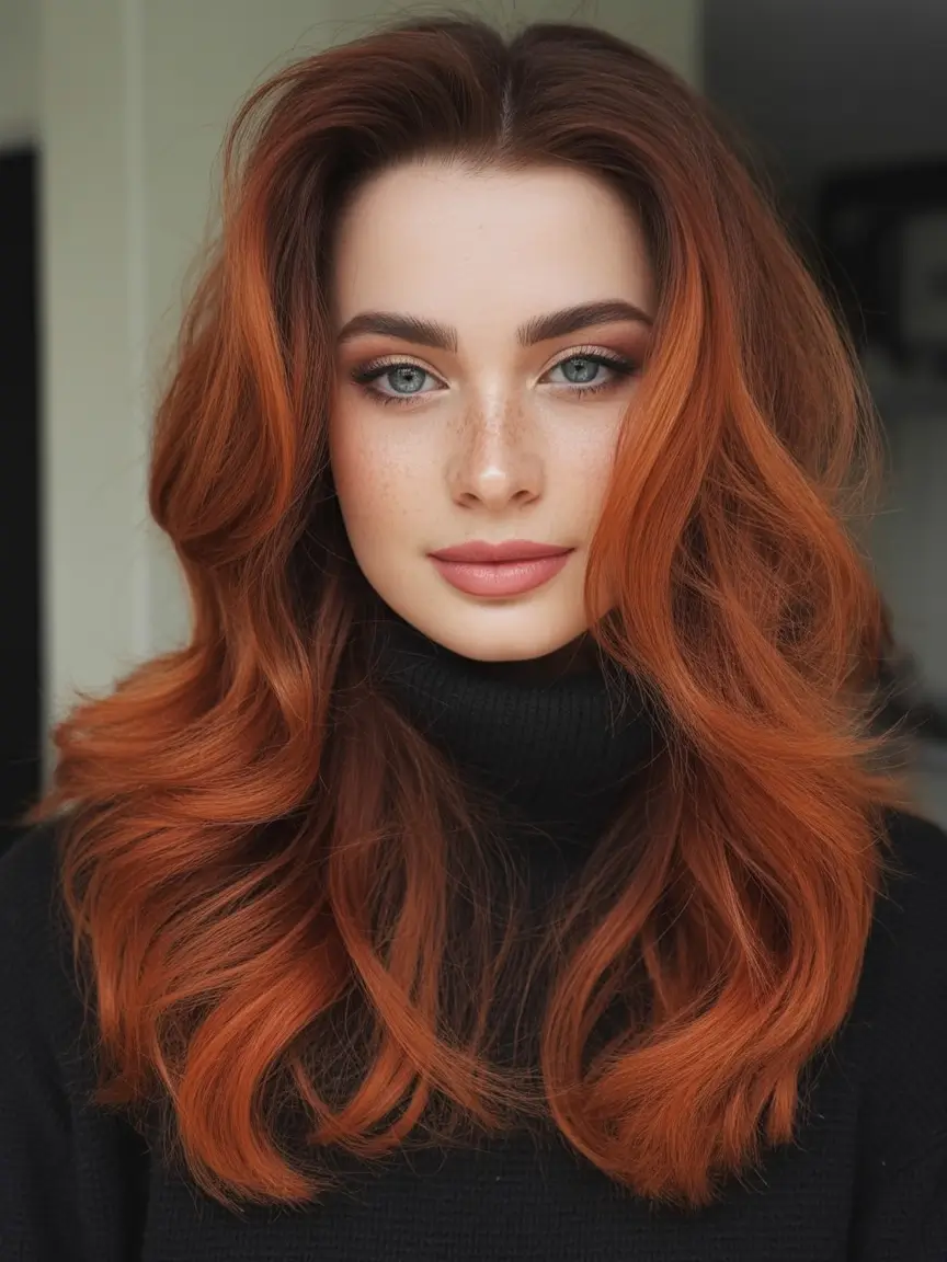 Fall red hair color Cinnamon Root Melt with Soft Waves