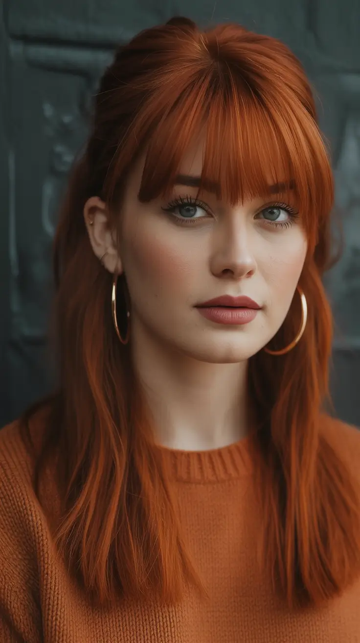 Fall red hair color Soft Copper Half-Up with Feathered Bangs