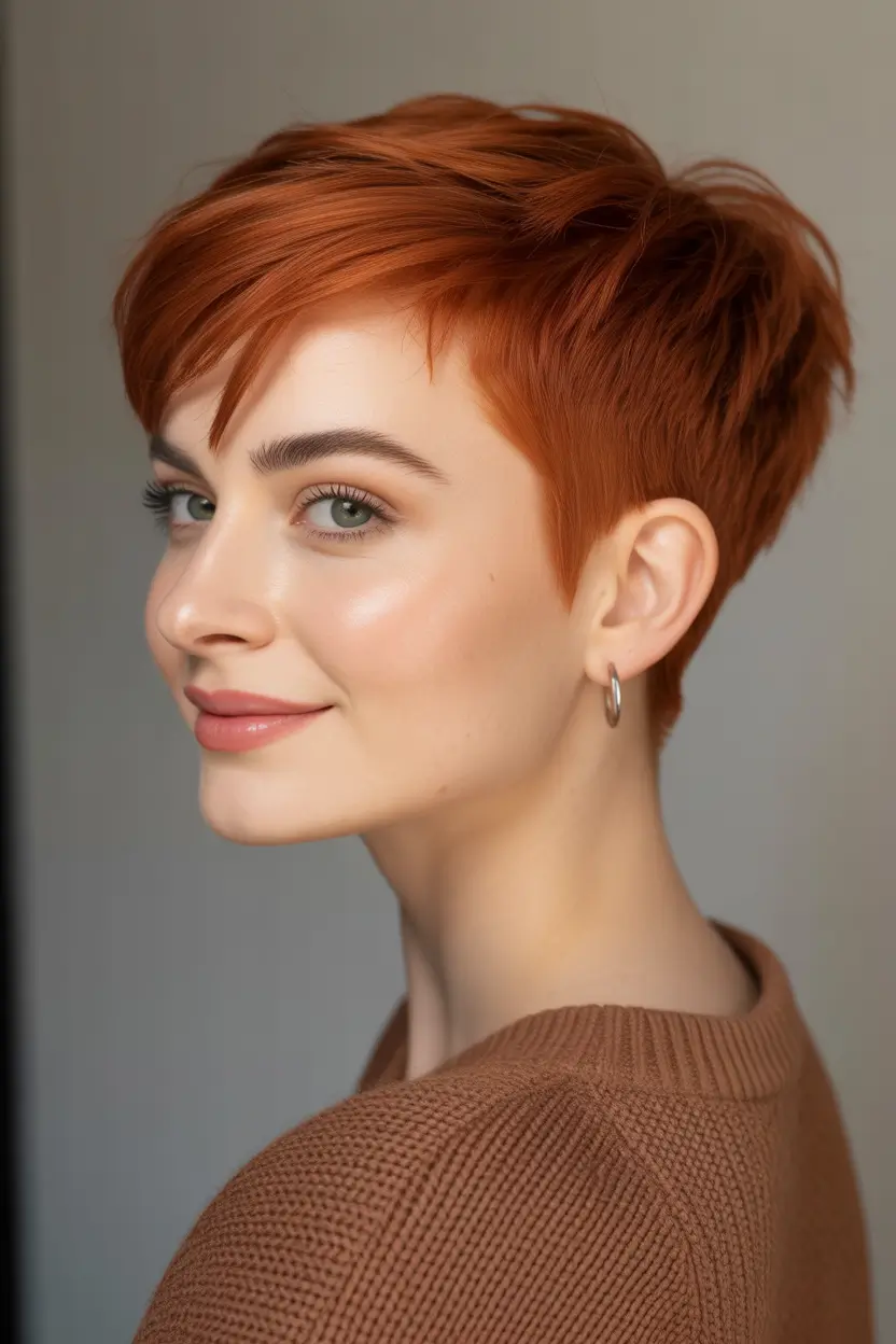 Fall red hair color Textured Rust Pixie with Piecey Layers