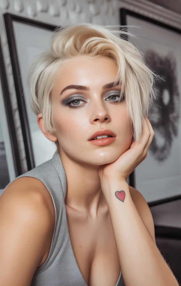 Fall short haircut Platinum Stacked Asymmetrical Pixie Bob