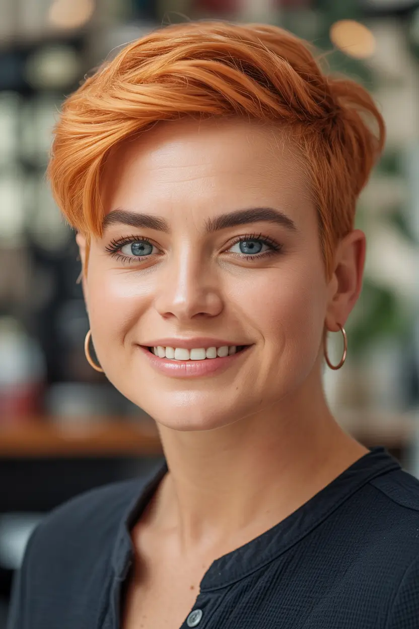 Fall short haircut Sunset Sienna Pixie with Diagonal Fringe