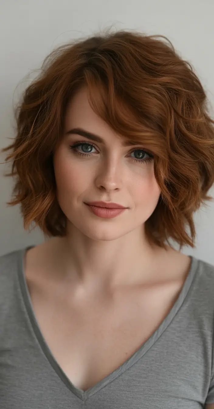 Fall short haircut Caramel Curl Bob with Retro Side Part