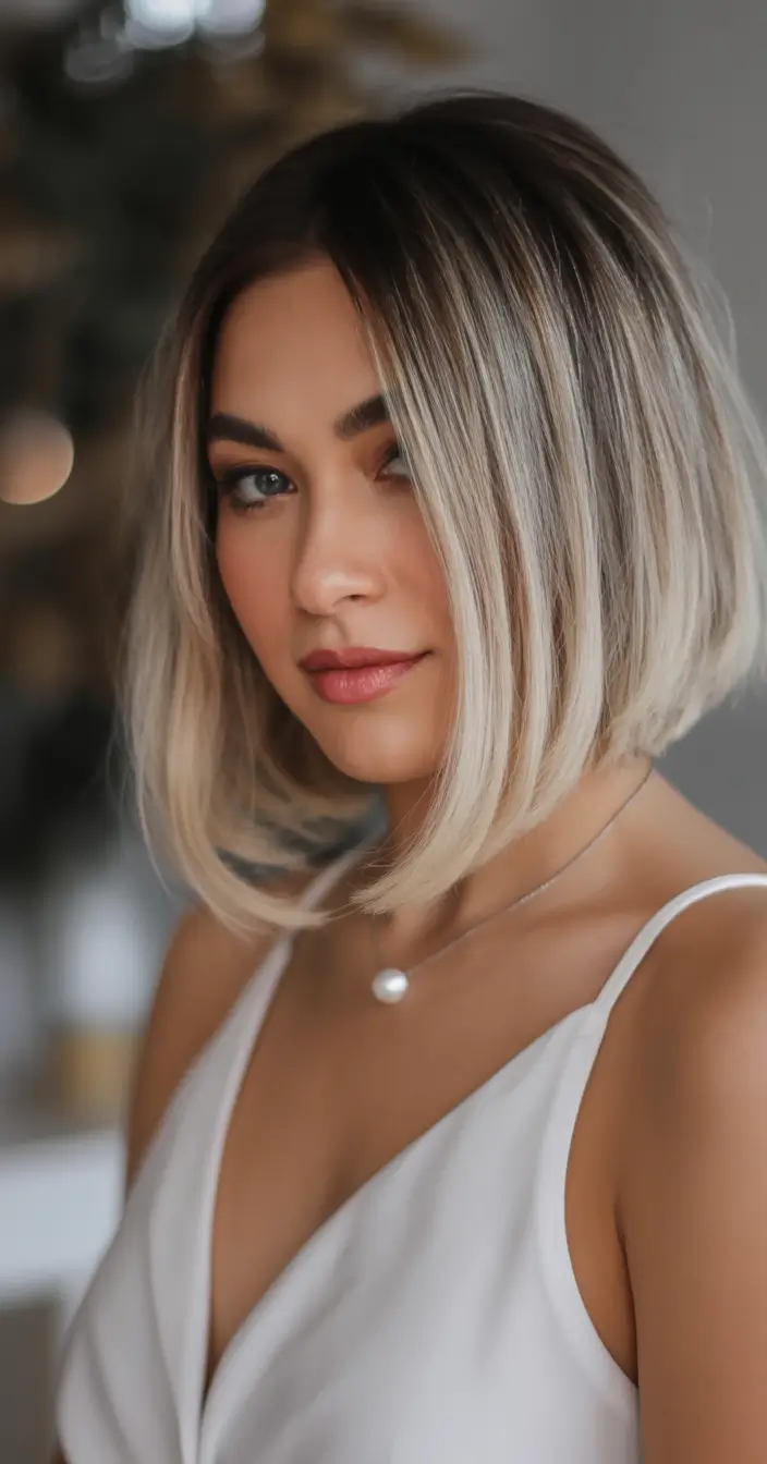 Fall short haircut Champagne Blonde Sleek Bob with Tapered Ends