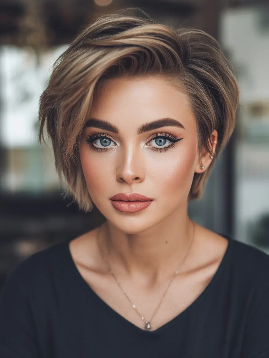 Fall short haircut Layered Sandy Blonde Pixie with Shadow Root