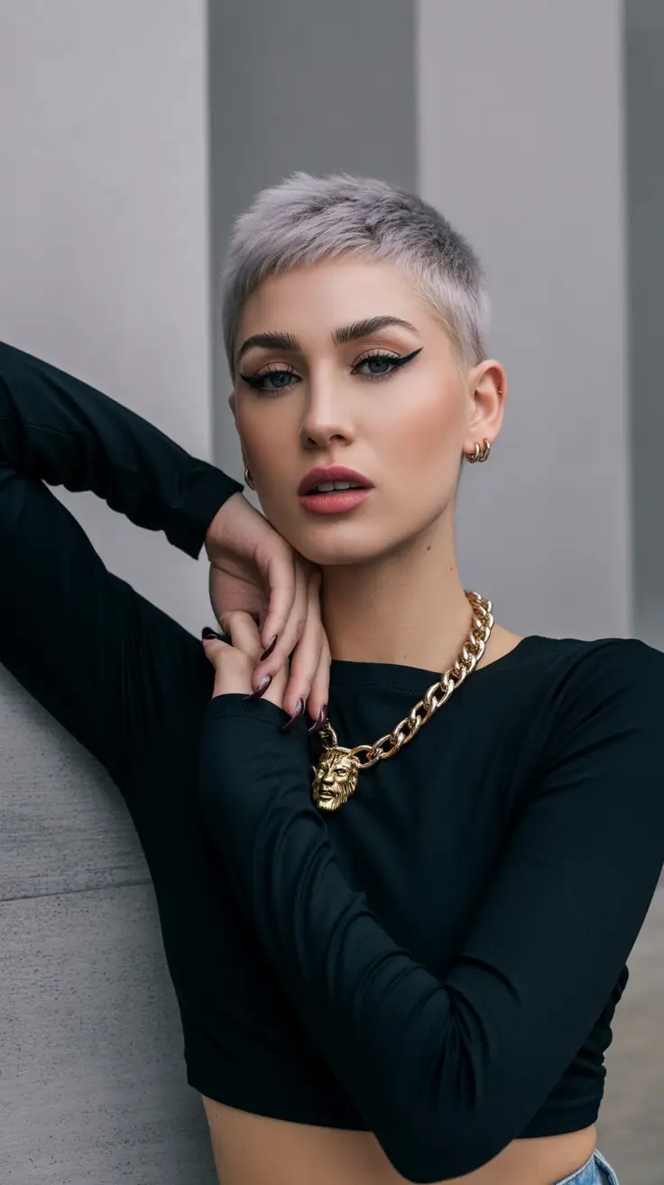 Fall short haircut Arctic Ash Buzz Pixie with Power Fade