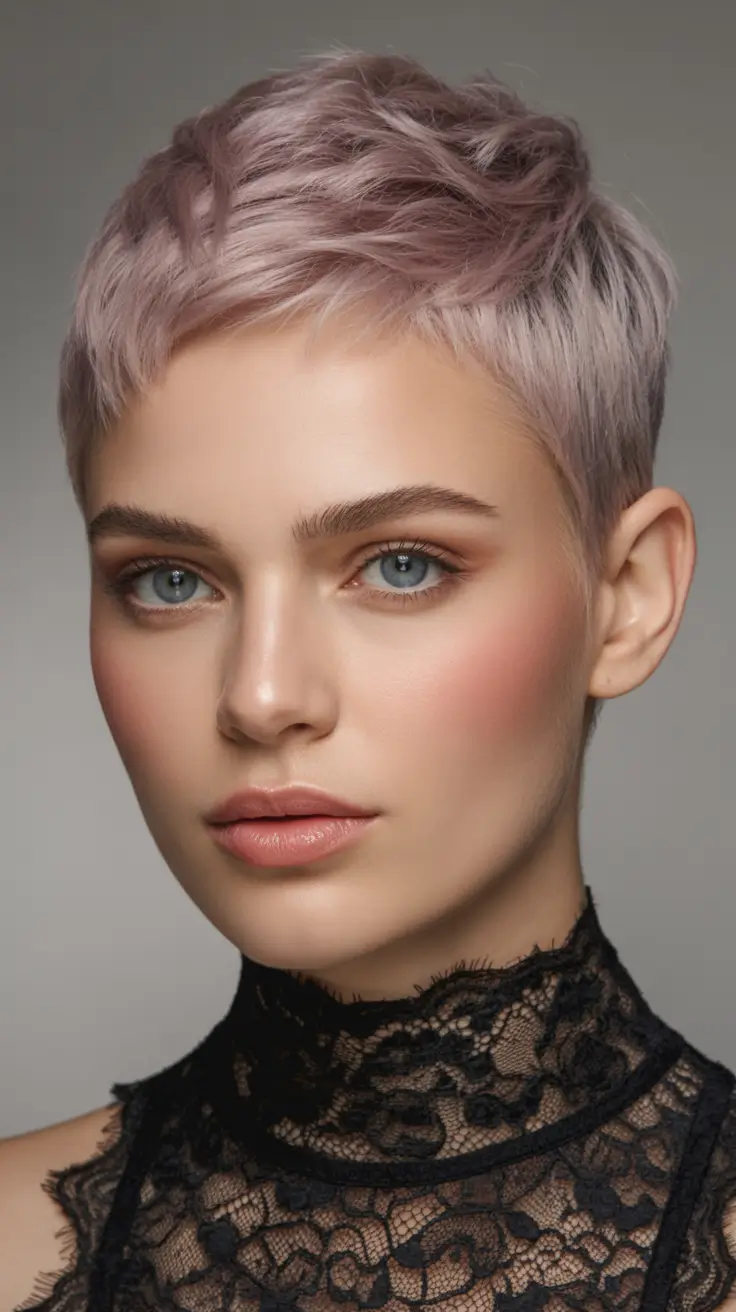 Fall short haircut Textured Buzz Pixie with Rose-Tint Edge
