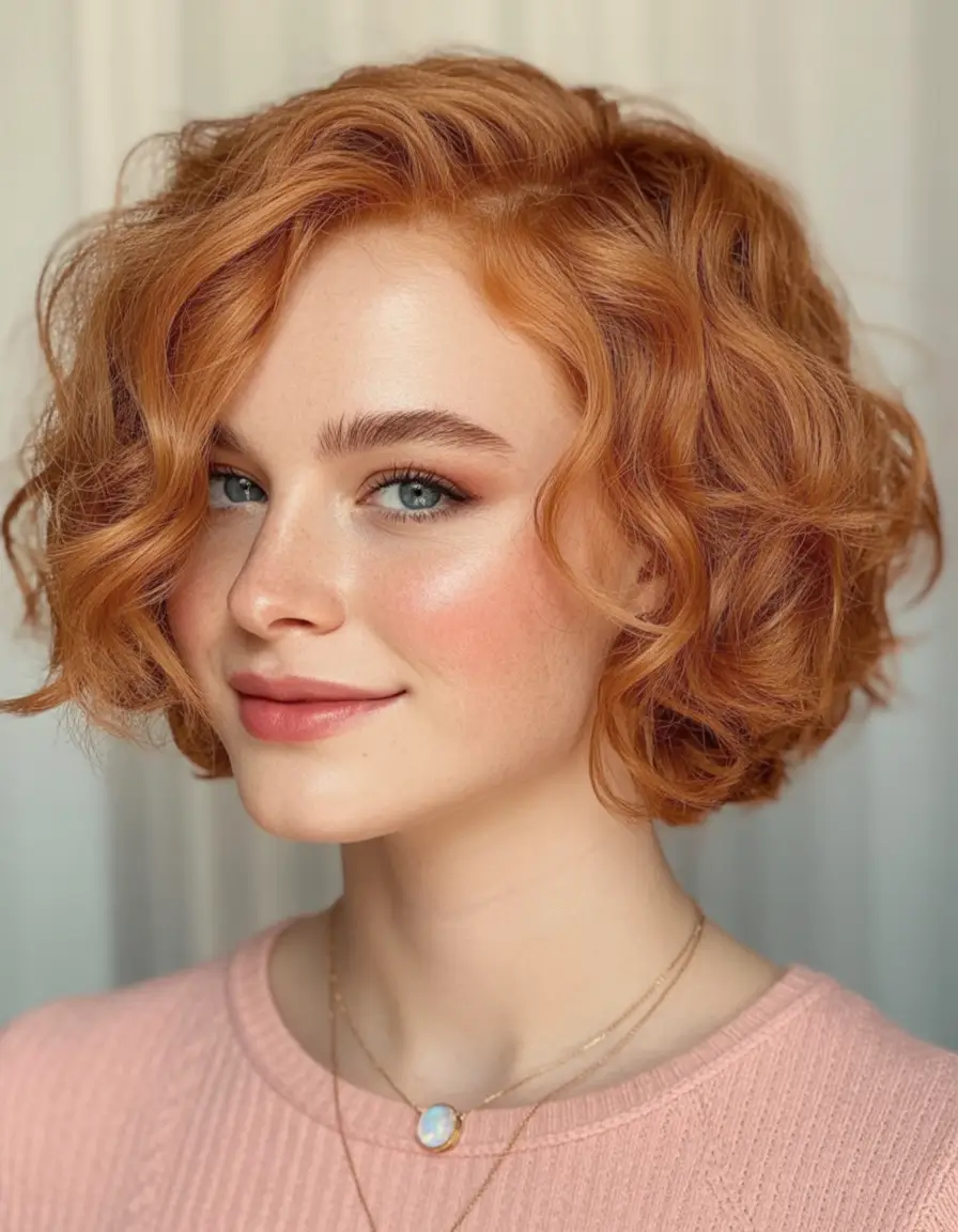 Fall short haircut Soft Copper Curl Bob with Romantic Texture