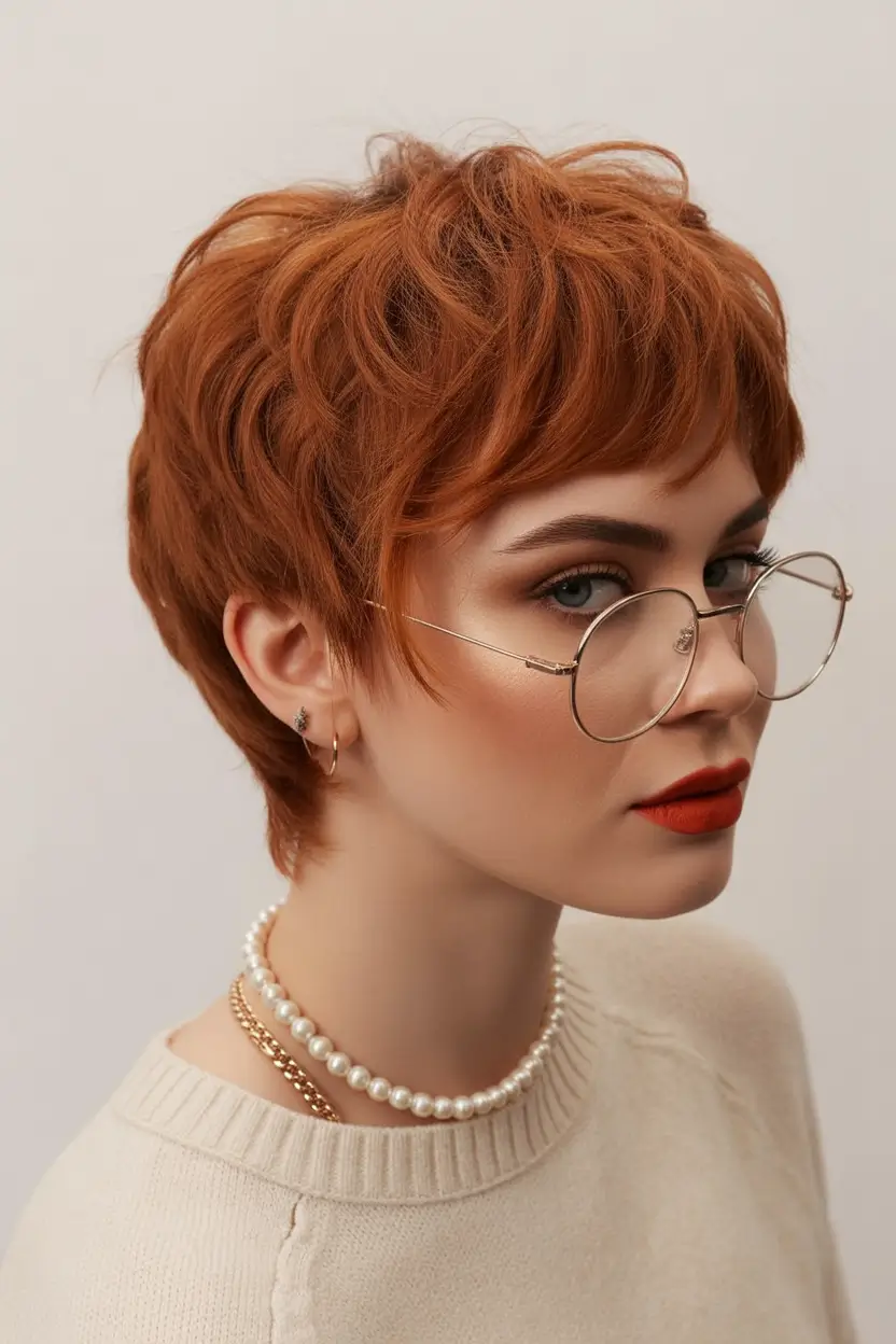 Fall short haircut Retro Russet Pixie Shag with Micro Fringe